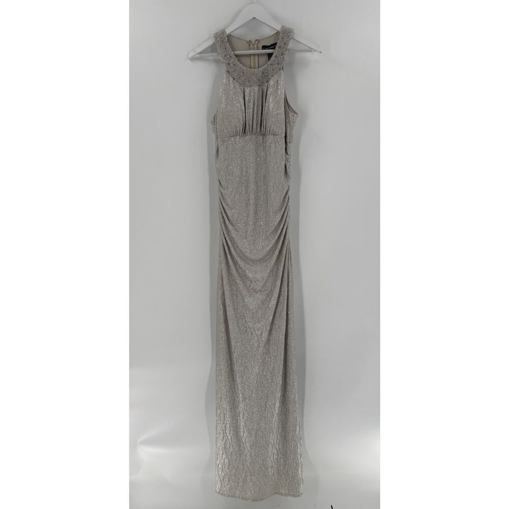 Cachet Vintage Dress Womens 12 Silver Gray Ruched Sleeveless Maxi Long Beaded